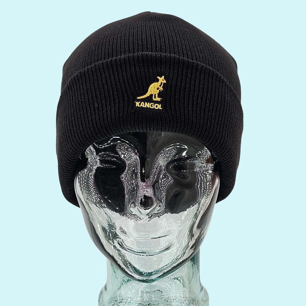 Kangol Hat Beanie Black Gold Knit Embroidered Logo Classic Fall Winter Outdoor